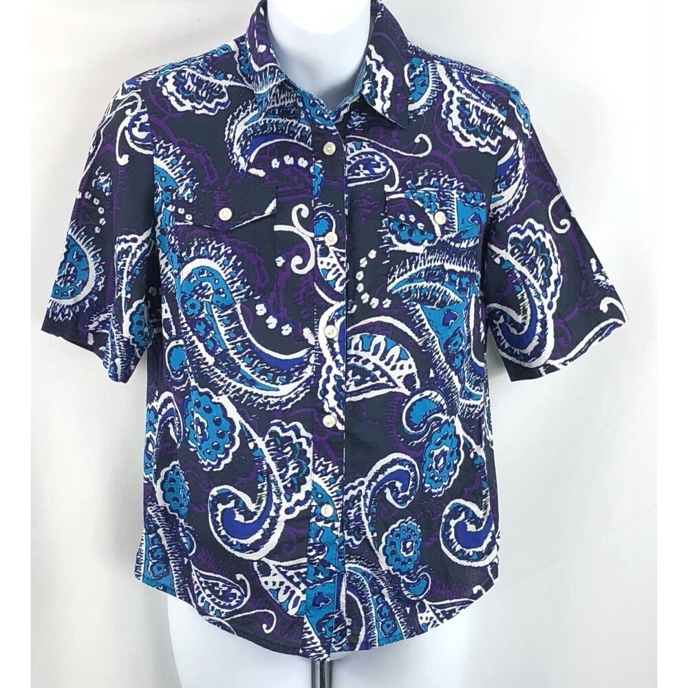 Jones NY Psychedelic Top PP Purple Geometric ButtonUp ShortSleeve Collar 2000s